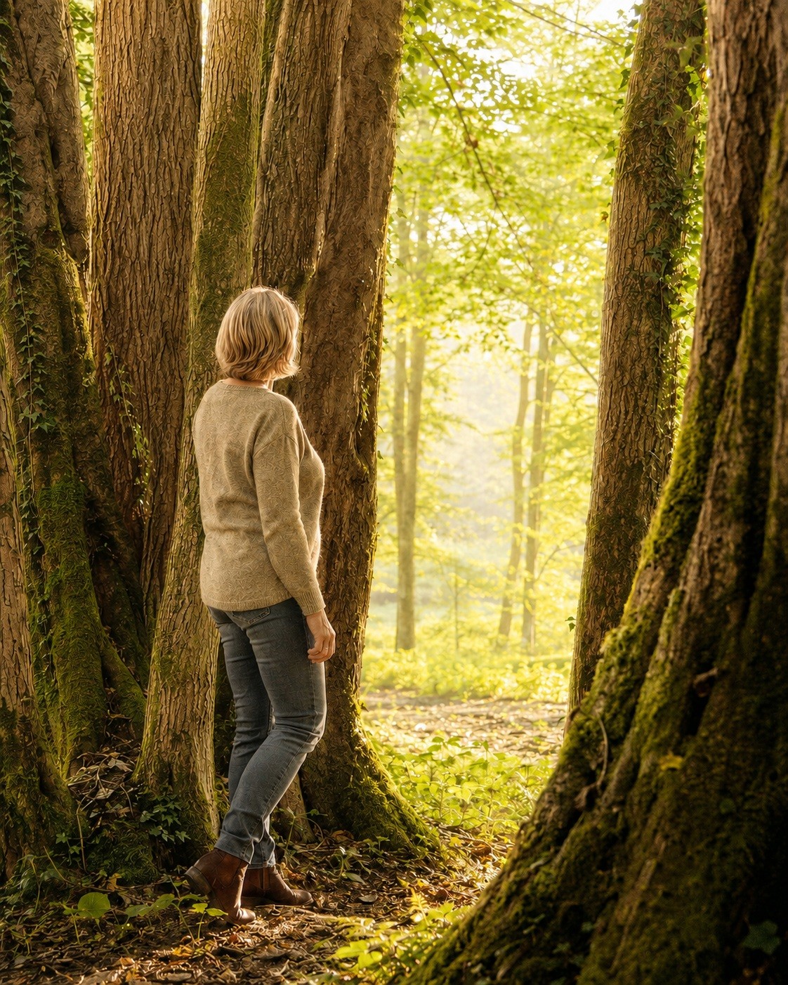 Frau steht zwischen großen Baumstämmen und blickt in einen hellen Wald.
