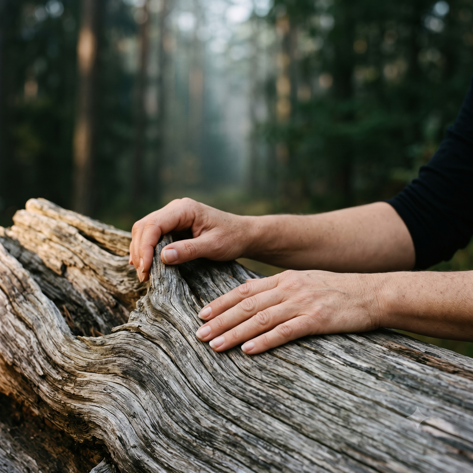 Zwei Hände ruhen auf einem alten, verwitterten Baumstamm im Wald.