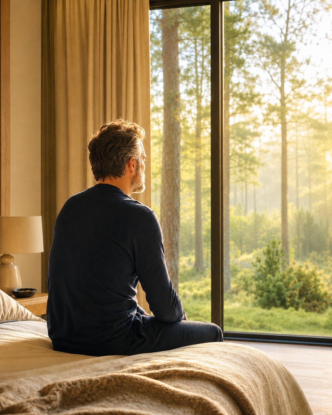 Mann sitzt auf der Bettkante und blickt durch ein großes Fenster in den hellen Wald.