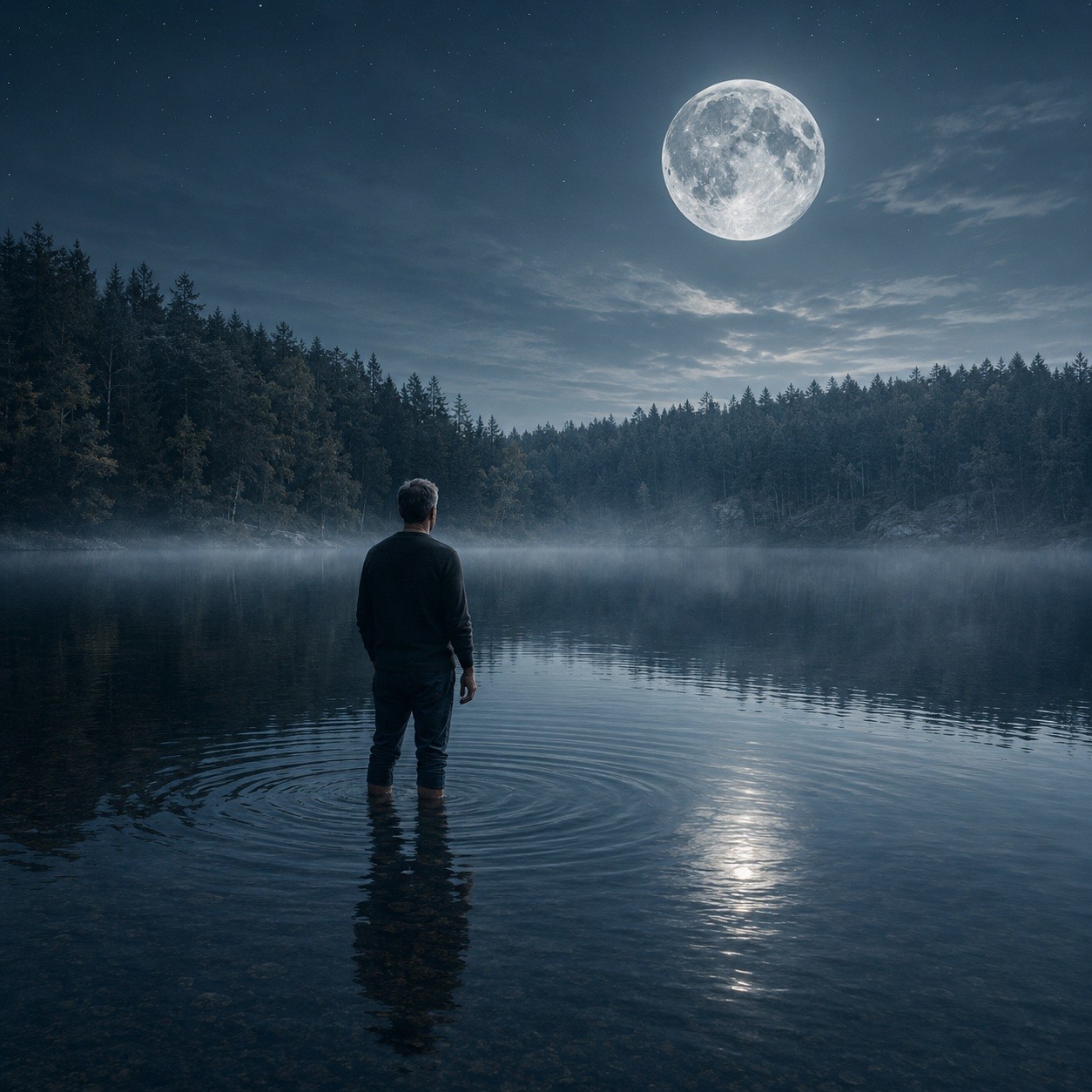 Mann steht nachts bei Vollmond in einem stillen Waldsee